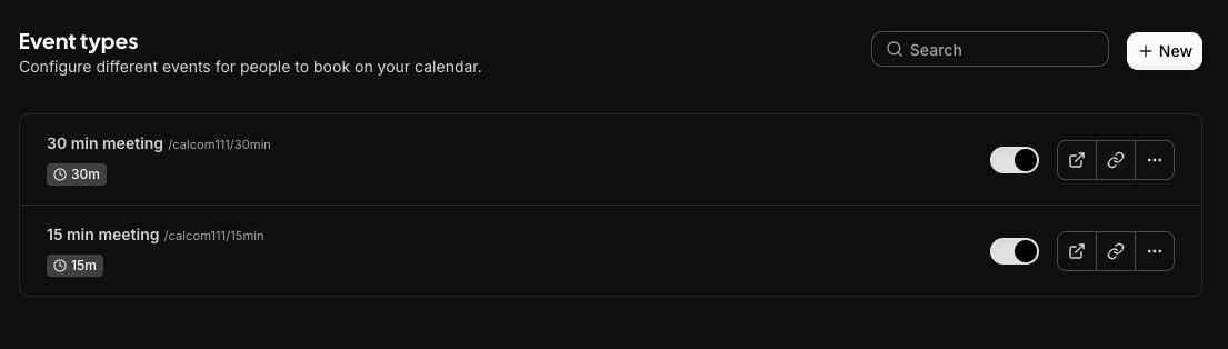 Cal.com event types page