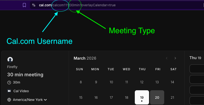 Cal.com username and meeting type fields