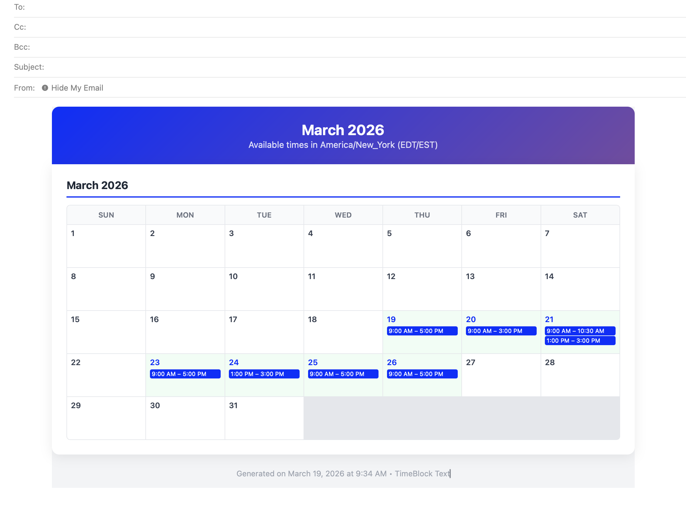 Calendar availability in email