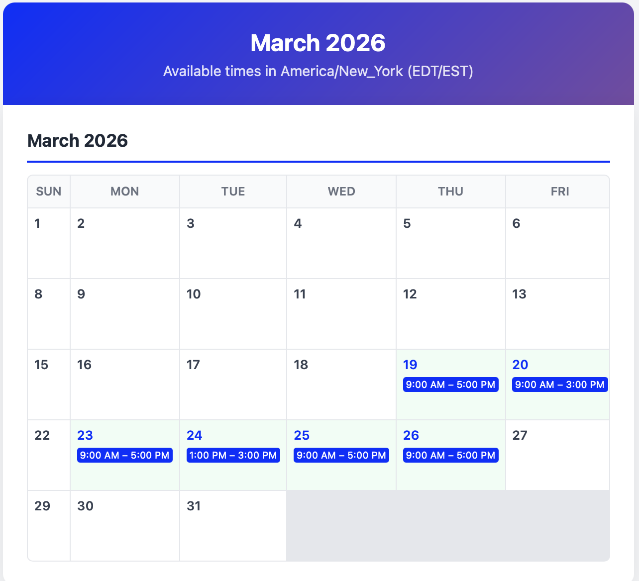 Calendar view of availability