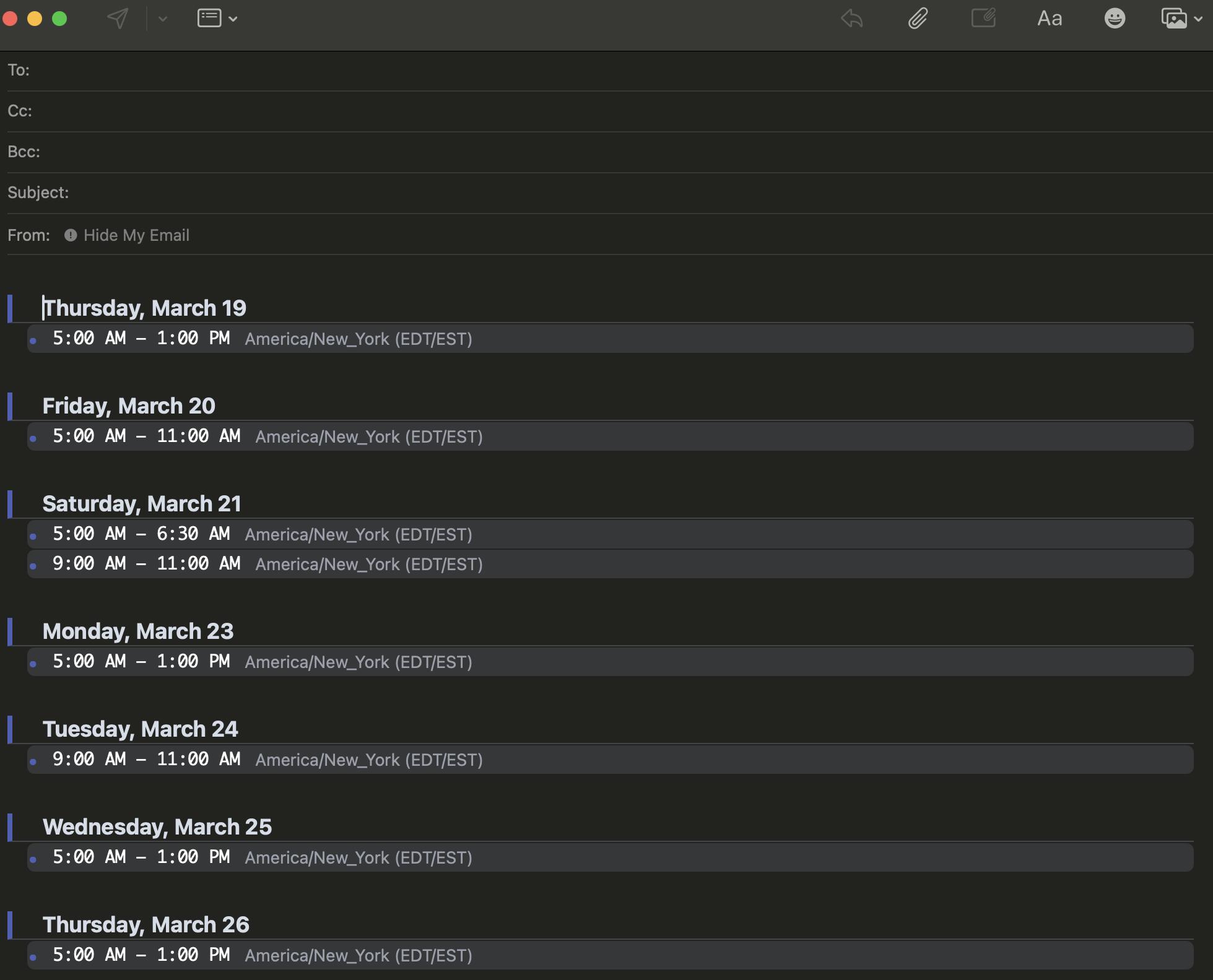 Schedule pasted into email client