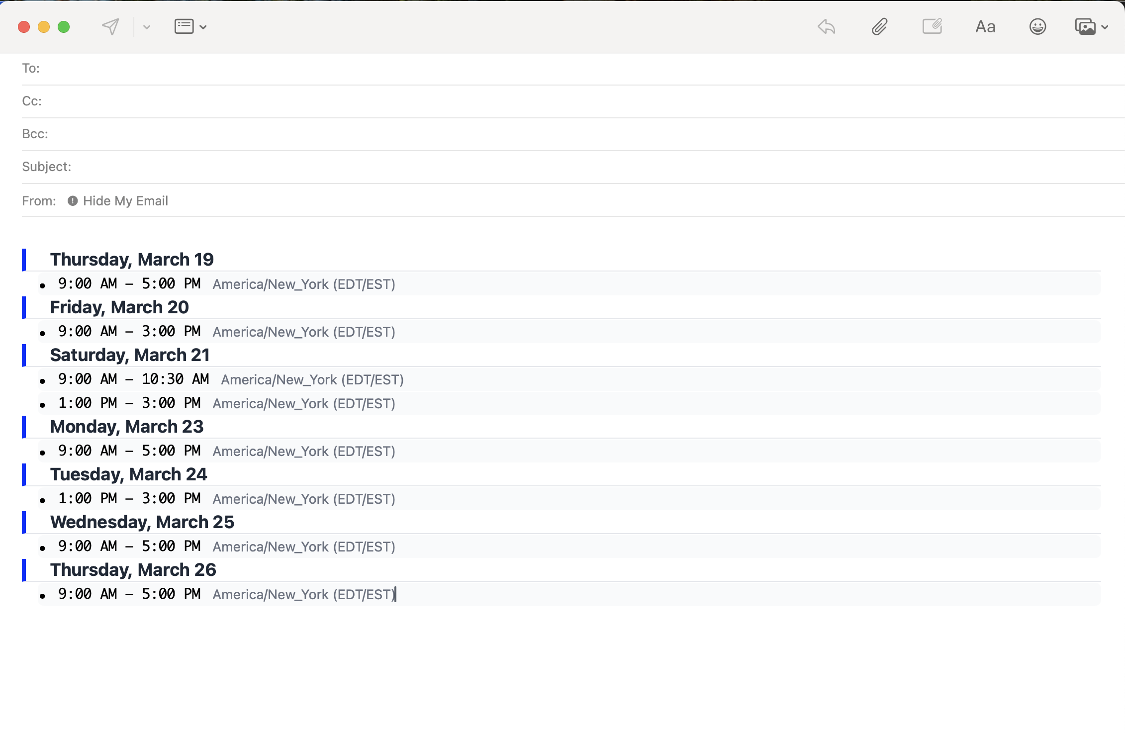 Availability pasted in email